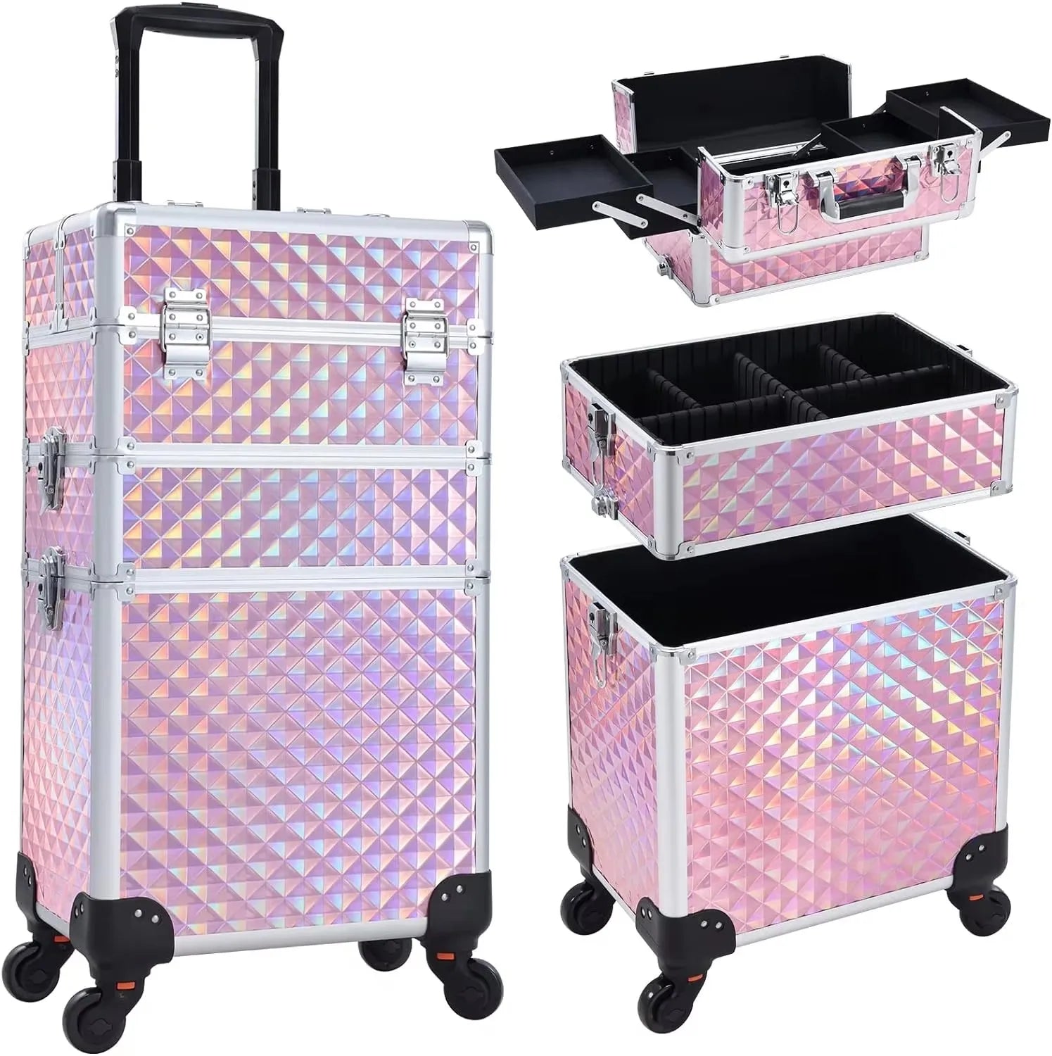 Trousse de maquillage roulante 3 en 1, trousse de maquillage amovible, étui de cosmétologie sur roulettes, chariot de maquillage verrouillable de grande capacité pour Salon