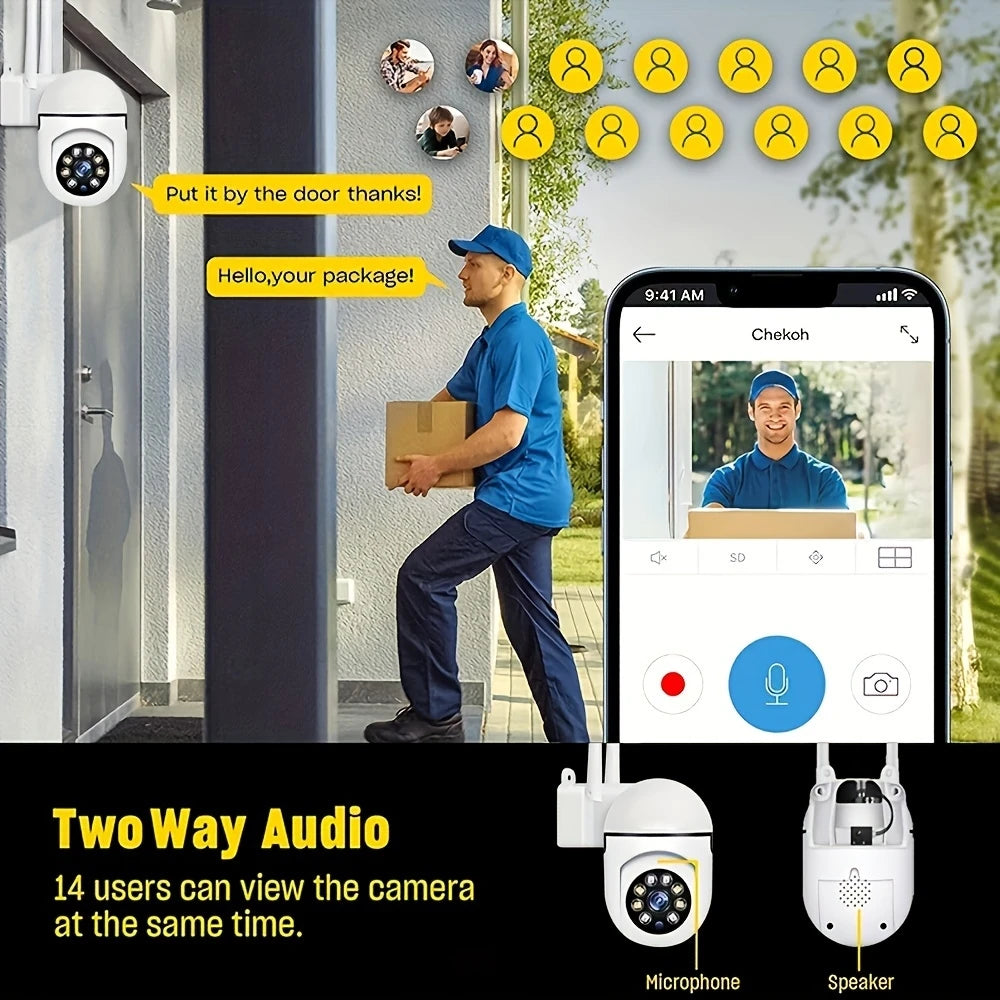 Caméra de sécurité WiFi intérieure/extérieure sans fil 1080P HD, 2 pièces, Vision nocturne couleur, Audio bidirectionnel, 360 °   Panoramique/inclinaison/Zoom, Mo