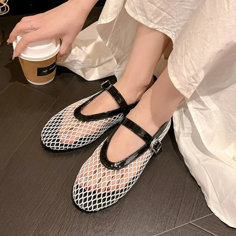 LeShion de Chanmeb marque maille Net ballerines chaussures pour femmes sangle boucle respirant Cool printemps été INS ballerine chaussures 43