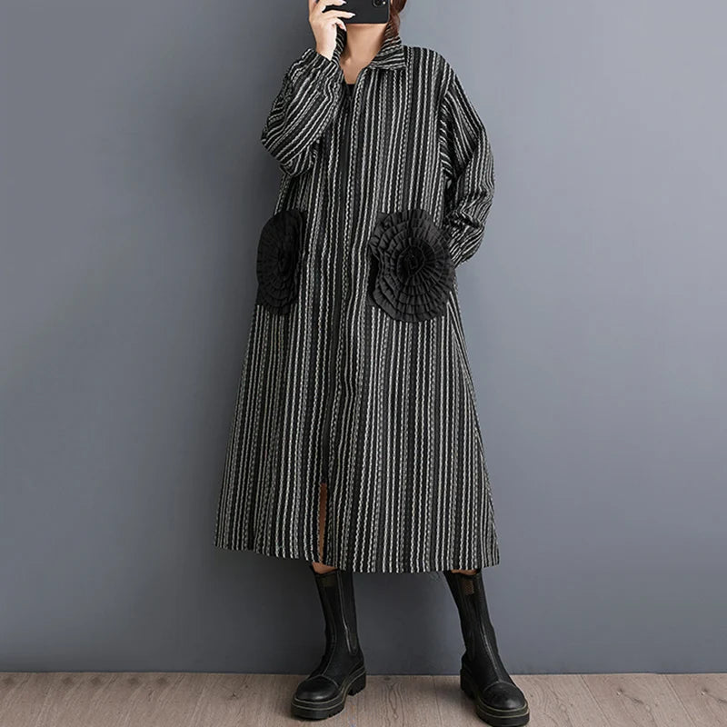 Manteau long à rayures vintage pour femmes, cardigan à fleurs patchwork, décontracté, printemps, automne, 2025