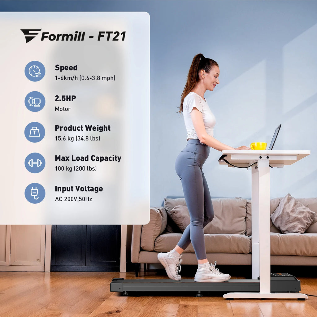 Formill-Tapis de Course pio FT21, Moteur 2,5 HP, Vitesse 1-6 km/h, Antidérapant, Absorption des Chocs, Mini Tapis de Course pour le Bureau et la Maison
