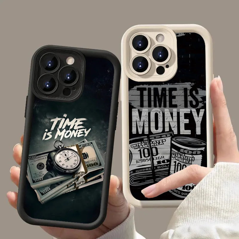 Coque de téléphone pour iPhone 17 16 15 14 12 11 13 Pro Max l'heure est l'argent couverture souple imprimée pour iPhone 17 Air 16E 7 8 Plus X XS