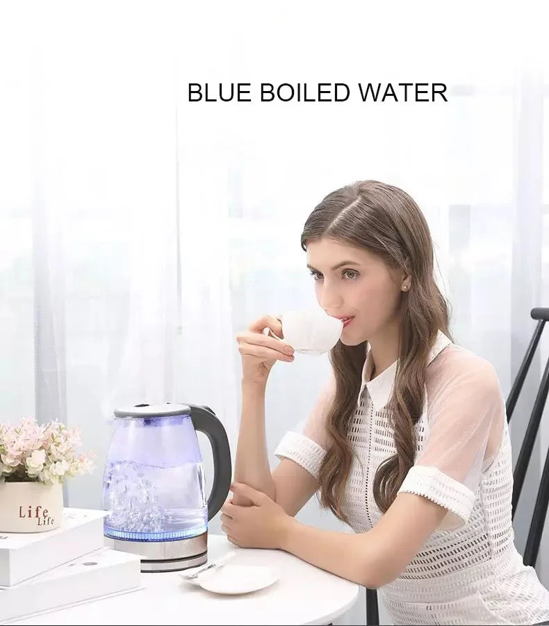 Bouilloire électrique en verre de 2 L - Théière sans fil en borosilicate avec base chauffante, chauffe-eau, indicateur LED, arrêt automatique