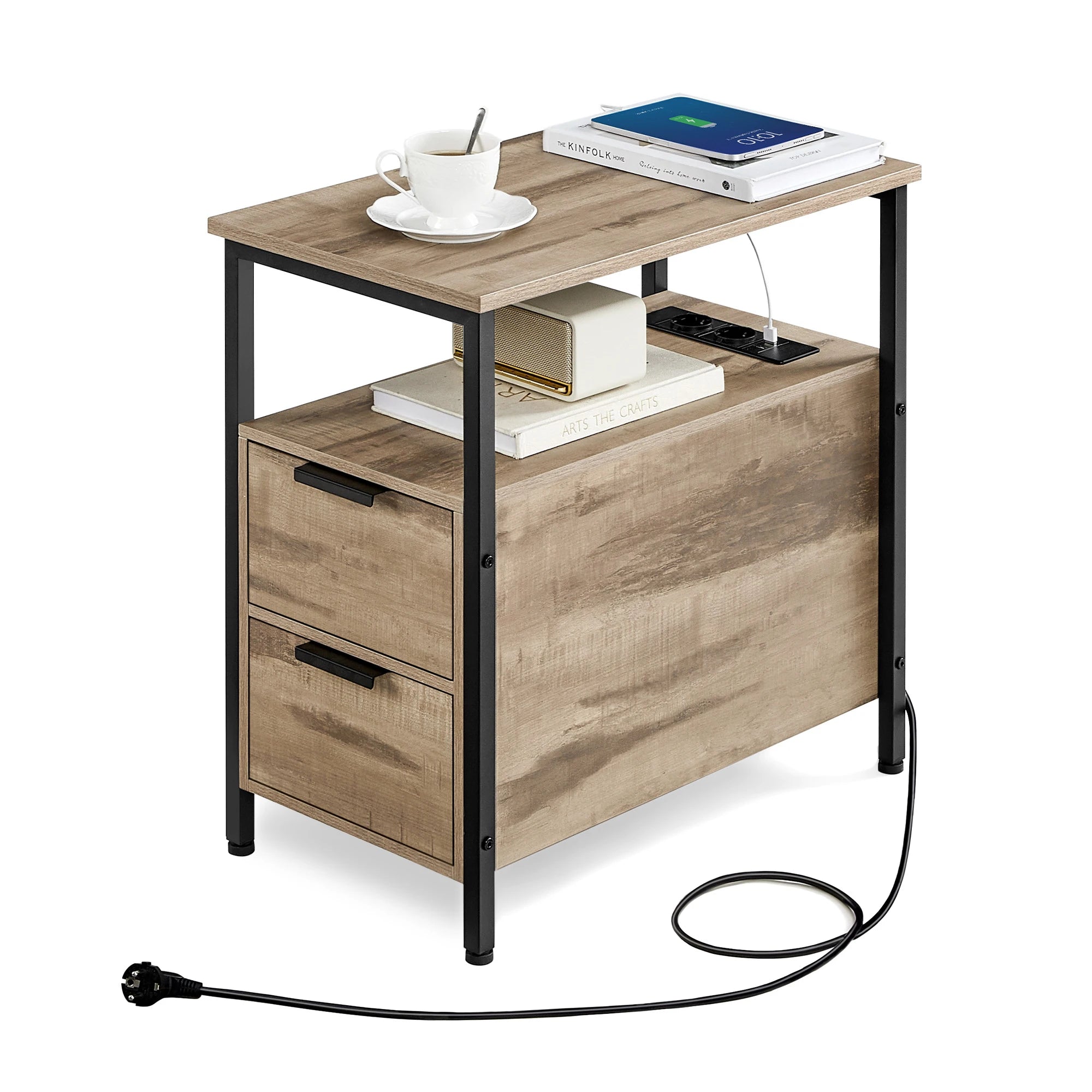 Table d'Appoint - VASAGLE - Marron Camel et Noir d'Encre - Multiprise et Rangement
