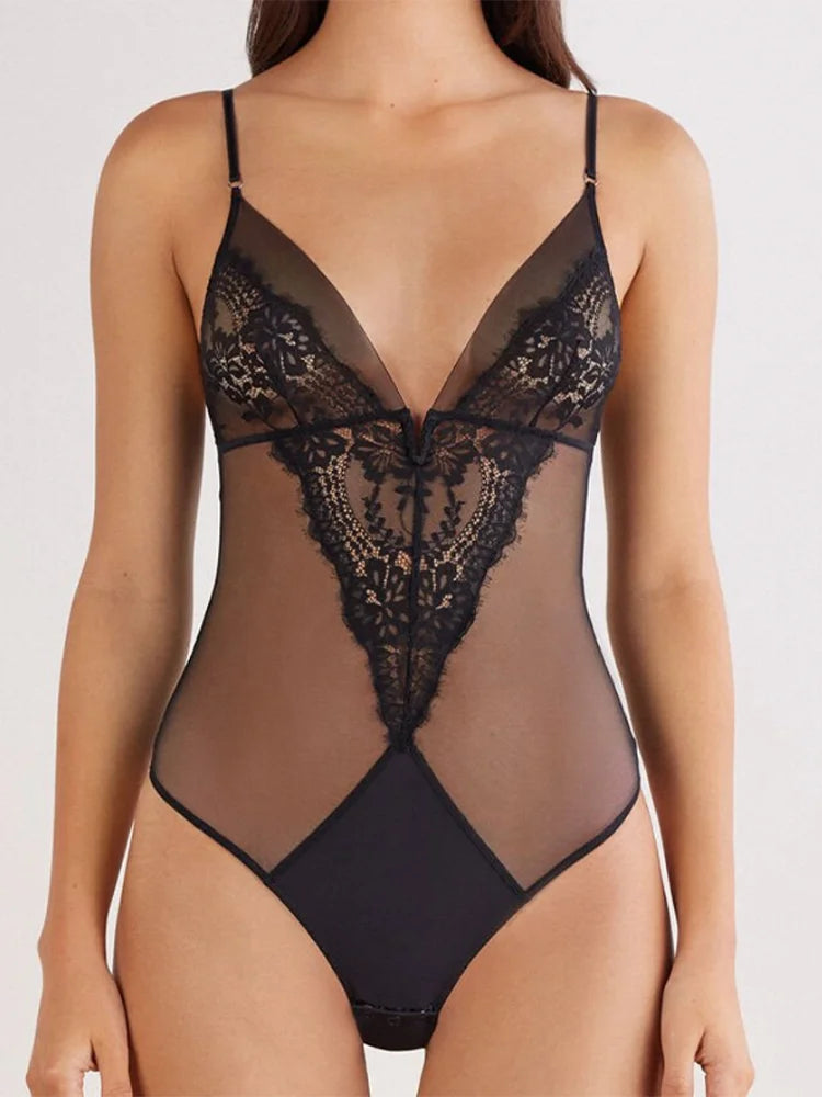 Body en dentelle patchwork ajouré transparent pour femme, décolleté plongeant, tenue de soirée sexy printemps, clubwear pour femmes