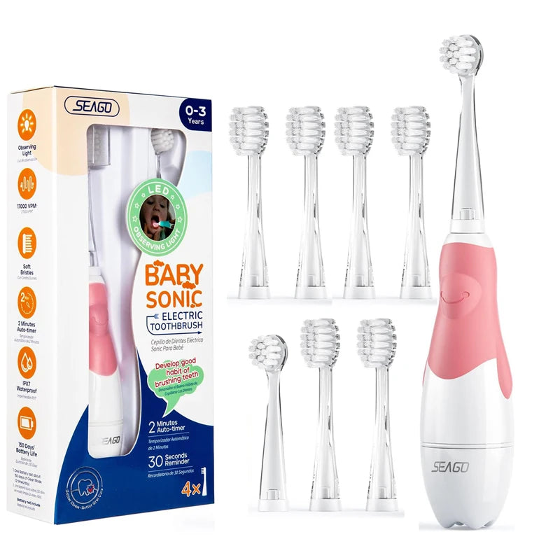 SEAGO Brosses à dents électriques pour bébés âgés de 0 à 3 ans Brosse à dents pour bébé avec minuterie intelligente Brosse douce pour bébé avec 8 recharges