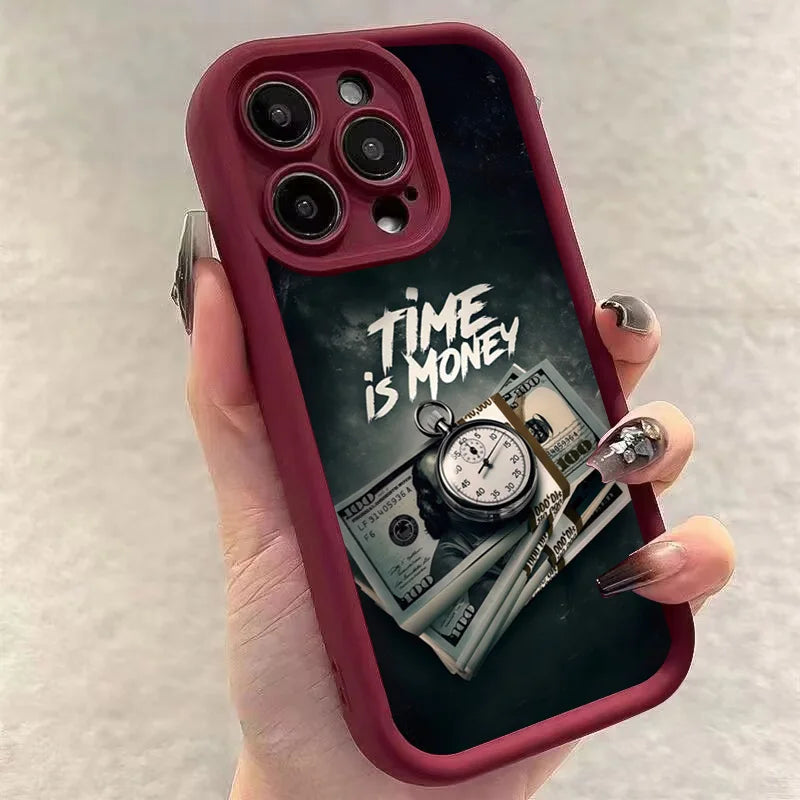 Coque de téléphone pour iPhone 17 16 15 14 12 11 13 Pro Max l'heure est l'argent couverture souple imprimée pour iPhone 17 Air 16E 7 8 Plus X XS