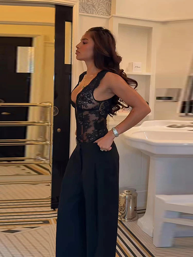 Body en dentelle patchwork ajouré transparent pour femme, décolleté plongeant, tenue de soirée sexy printemps, clubwear pour femmes