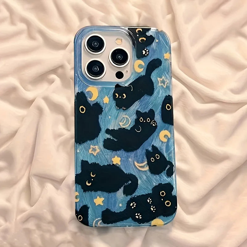 Coque de téléphone pour iPhone 17 Pro Max 16E 16 15 14 13 12 11 XS X XR 7 8 Plus SE2 Air Moon Stars et chats noirs, housse en Silicone