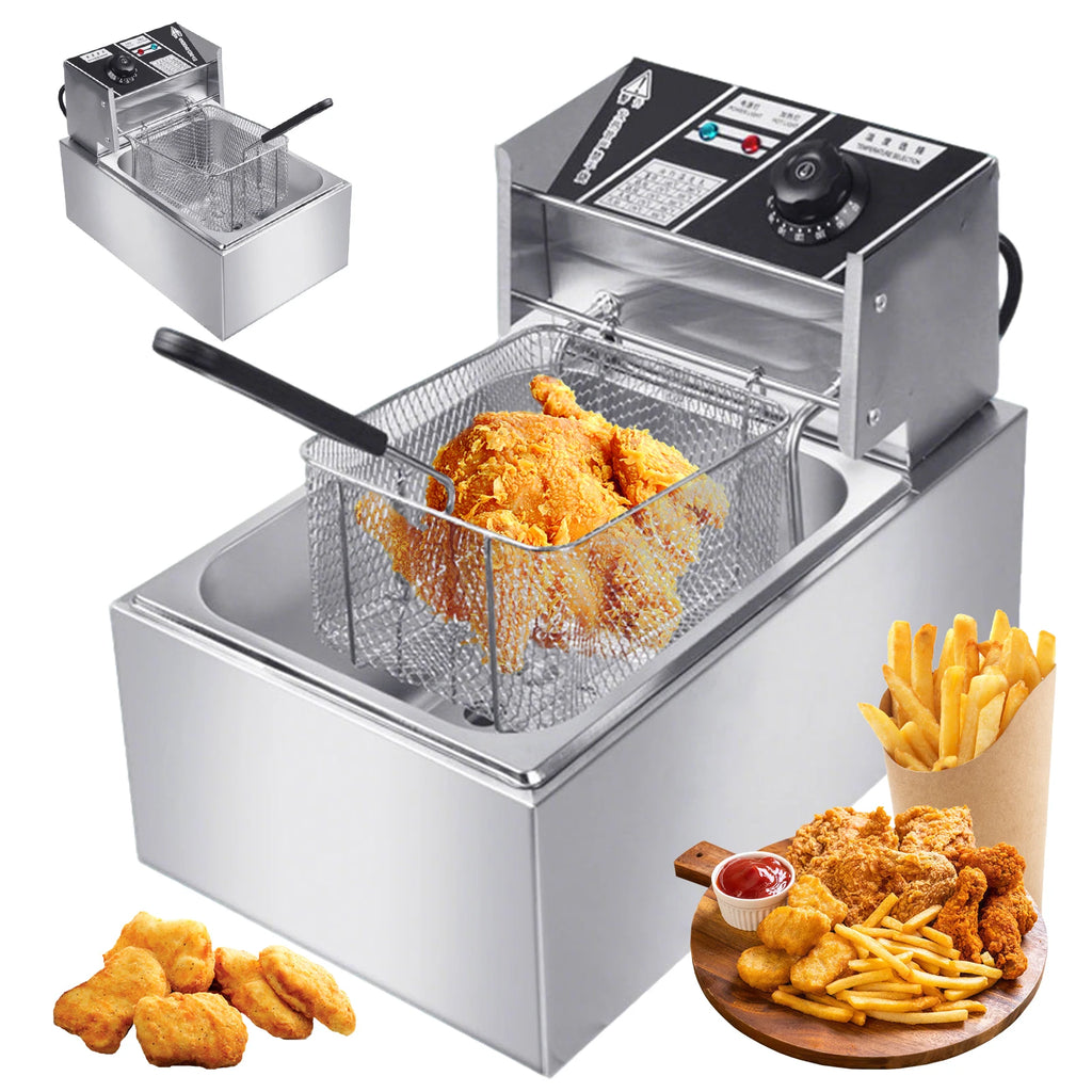 Friteuse électrique 6L en acier inoxydable avec panier pour poulet frit et frites, avec contrôle du temps et de la température