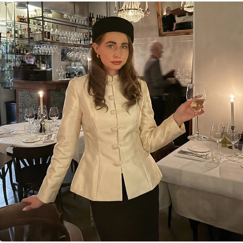 Veste élégante en Satin à boutons grenouille pour femme, col montant, manches longues, Slim, décontractée, manteau de fête de rue, hauts de bureau, printemps 2026