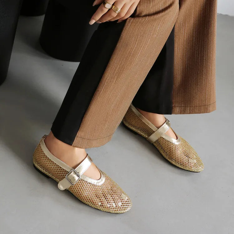 LeShion de Chanmeb marque maille Net ballerines chaussures pour femmes sangle boucle respirant Cool printemps été INS ballerine chaussures 43