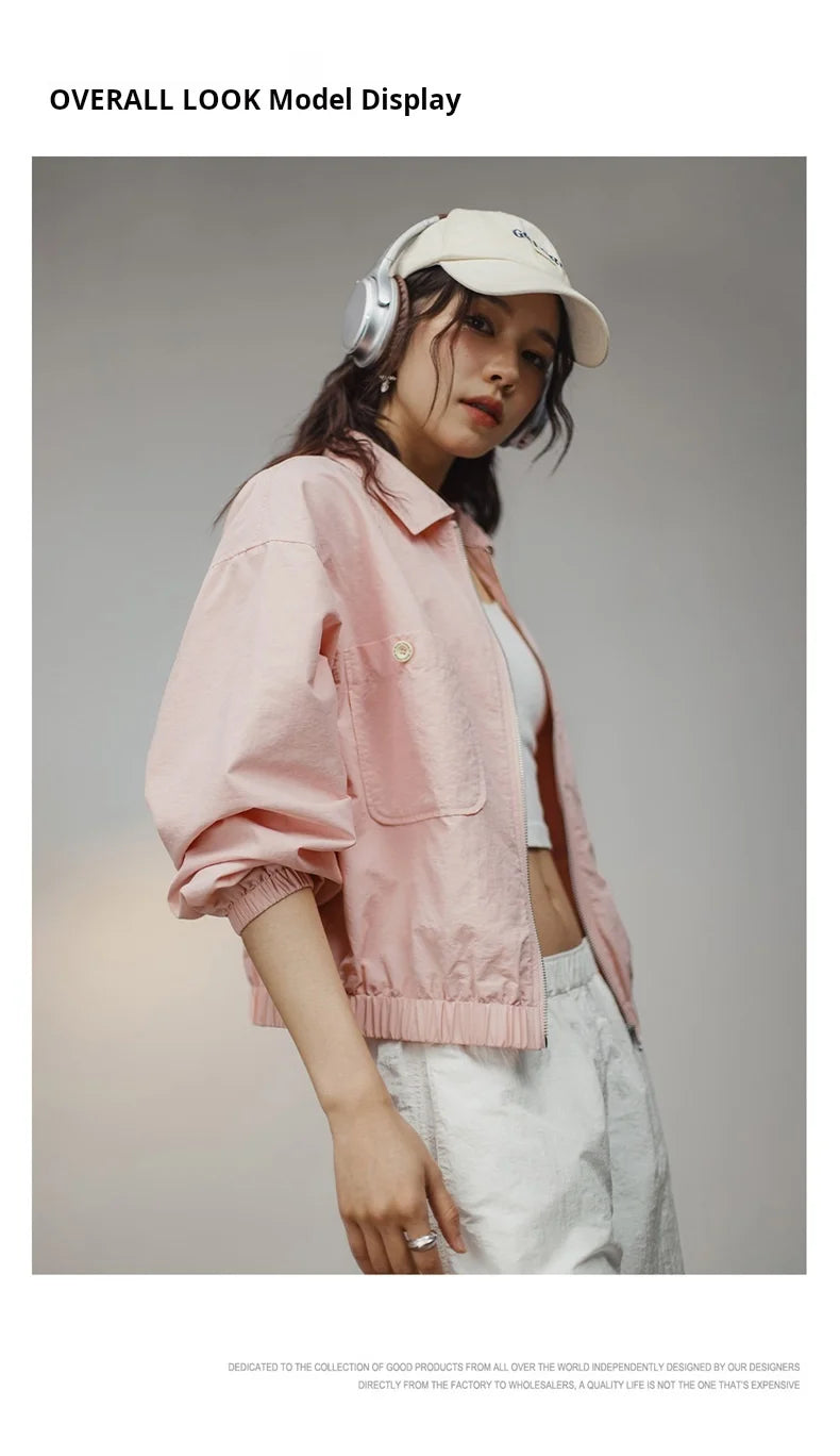 Maden Veste à col de baseball vintage pour femme, courte et décontractée, printemps-automne, légère, tenue quotidienne, rose