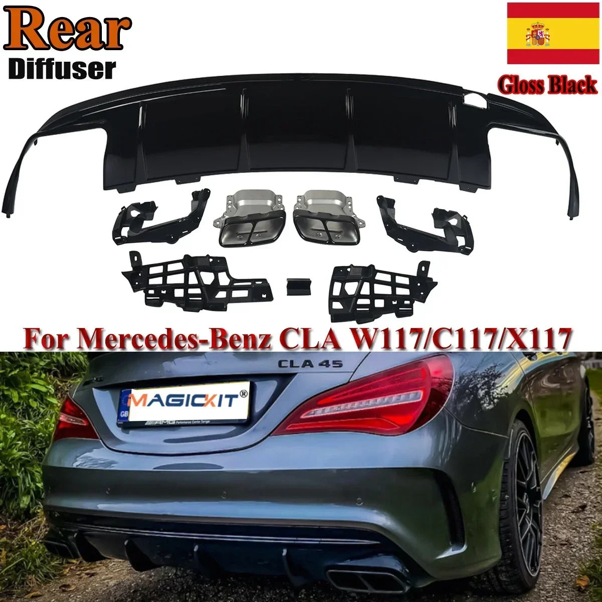 MagicKit pour Mercedes Benz AMG W117 C117 X117 diffuseur arrière avec tuyaux d'échappement CLA260 CLA45 brillant à lèvres de pare-chocs arrière noir
