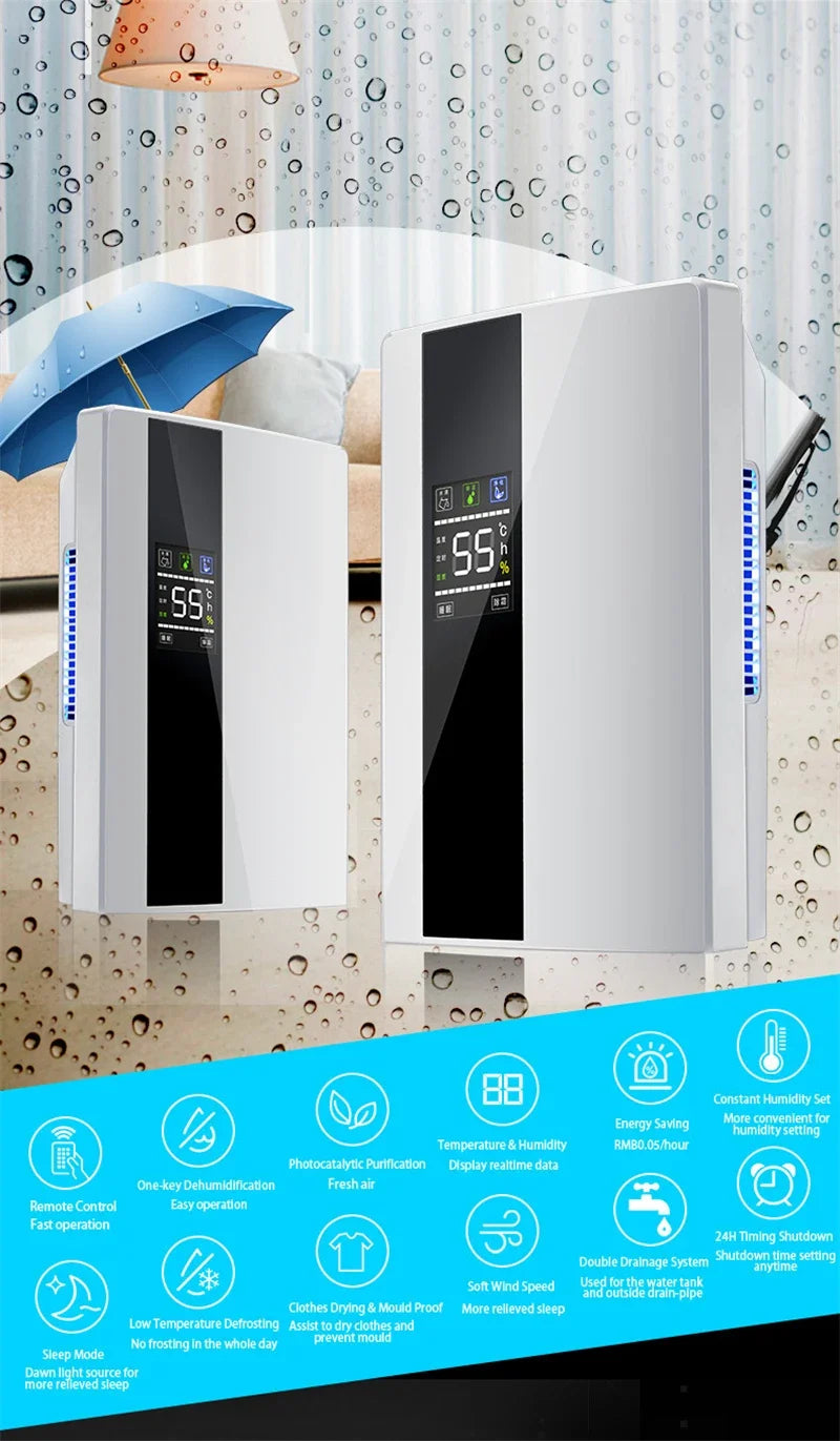 Déshumidificateur et purificateur d'air 2 en 1, absorbeur d'humidité, silencieux, pour chambre à coucher, sous-sol, télécommande, synchronisation, tuyau d'eau externe