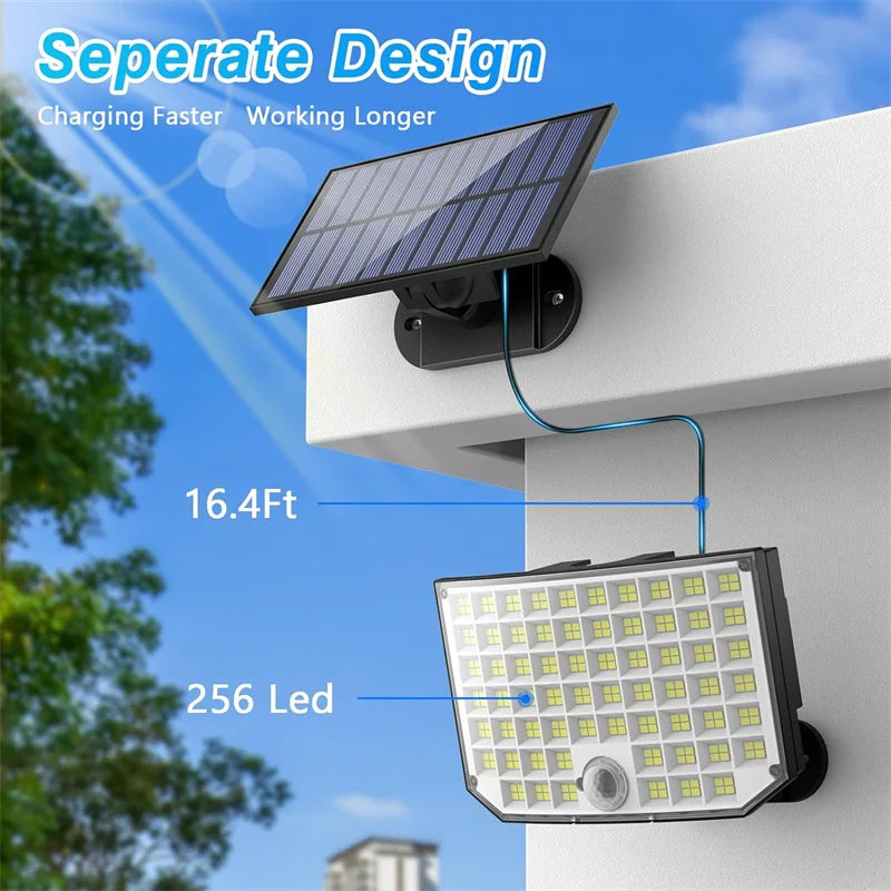 Lumières extérieures solaires, lumières de sécurité de capteur de mouvement à énergie solaire de 256 LED avec des lumières d'inondation imperméables de 3 modes pour le porche extérieur