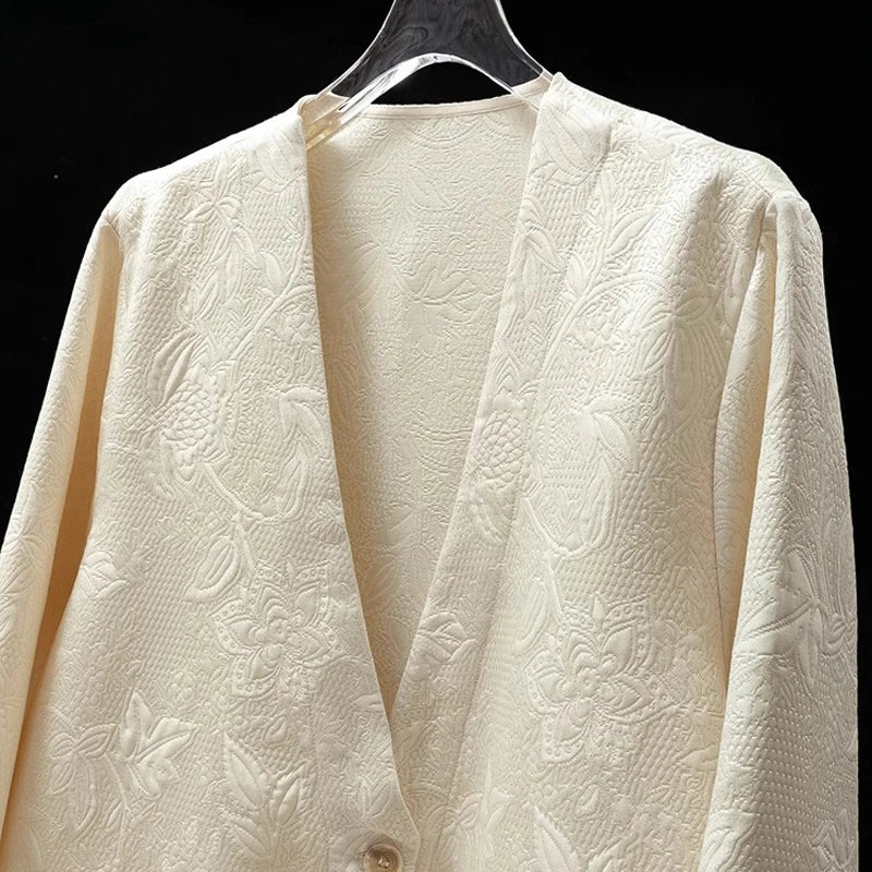 2025 femmes mode printemps nouveau Style Texture entrelacée couronne crêpe col en v à manches longues ample lait blanc manteau costume