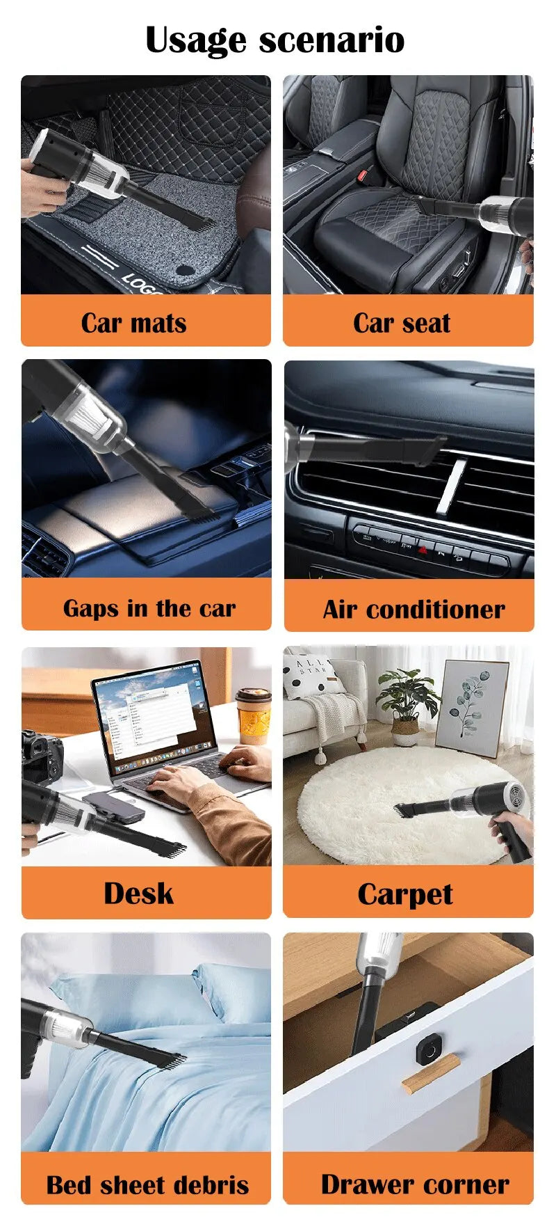 Aspirateur de voiture sans fil 9000Pa, chargement USB, appareil de nettoyage Portable 1200mAh, Mini aspirateur humide et sec pour la maison