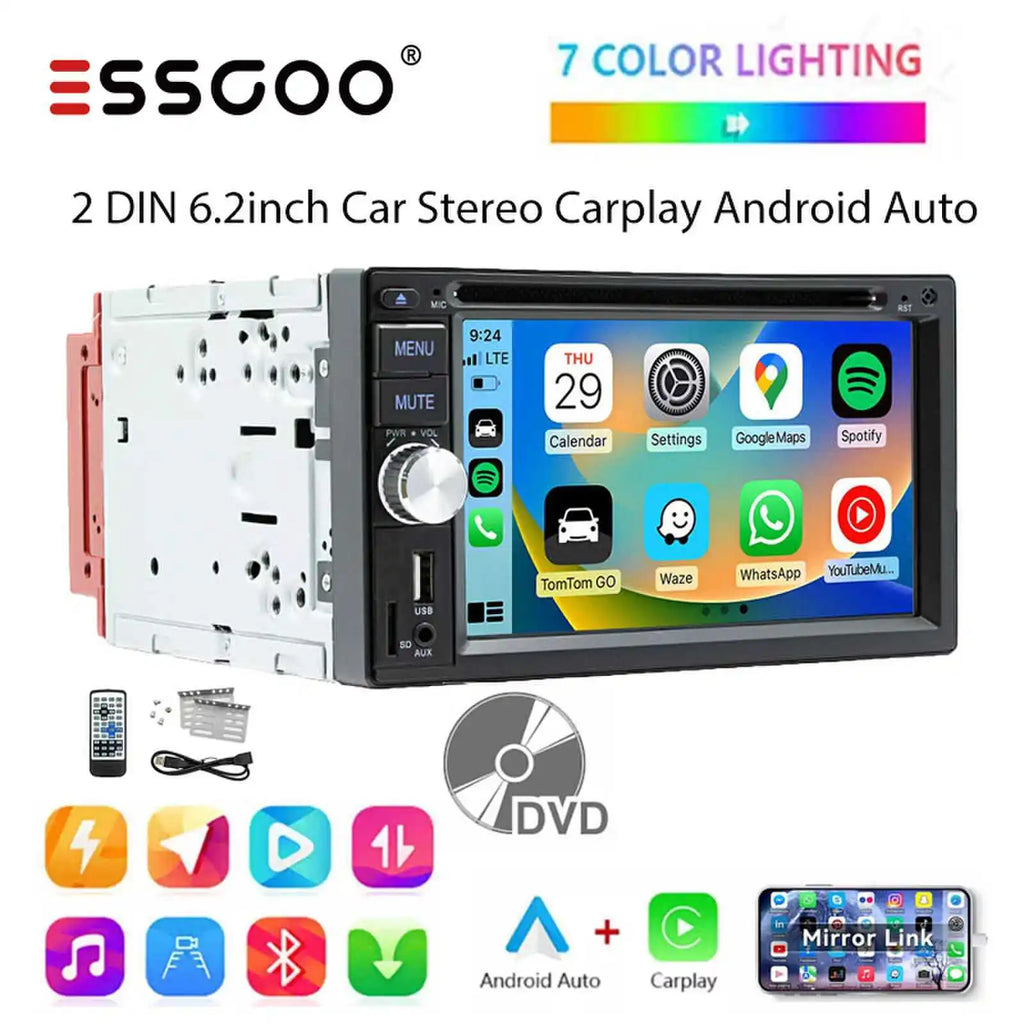 ESSGOO Autoradio 2DIN avec Écran Tactile de 6,2 Pouces. Lecteur CD/DVD, AM/FM, RDS, USB, Bluetooth, TF, AUX, CarPlay et Android Auto. Système Multimédia Complet avec Caméra. Idéal pour Améliorer Votre Expérience de Con
