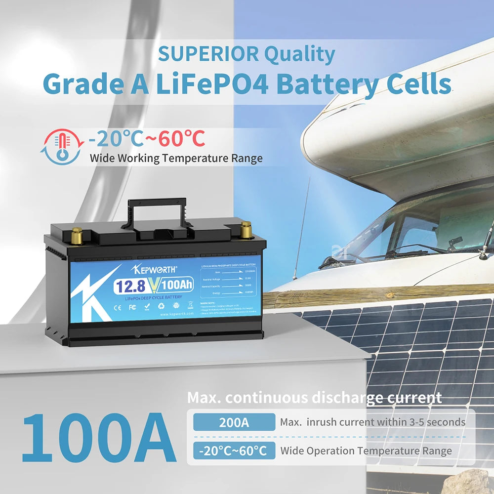 KEPWORTH 12V 100Ah batterie au Lithium fer Phosphate améliorée BMS 6000 Cycles pour camping-car voiturette de Golf tout-terrain hors réseau solaire vent