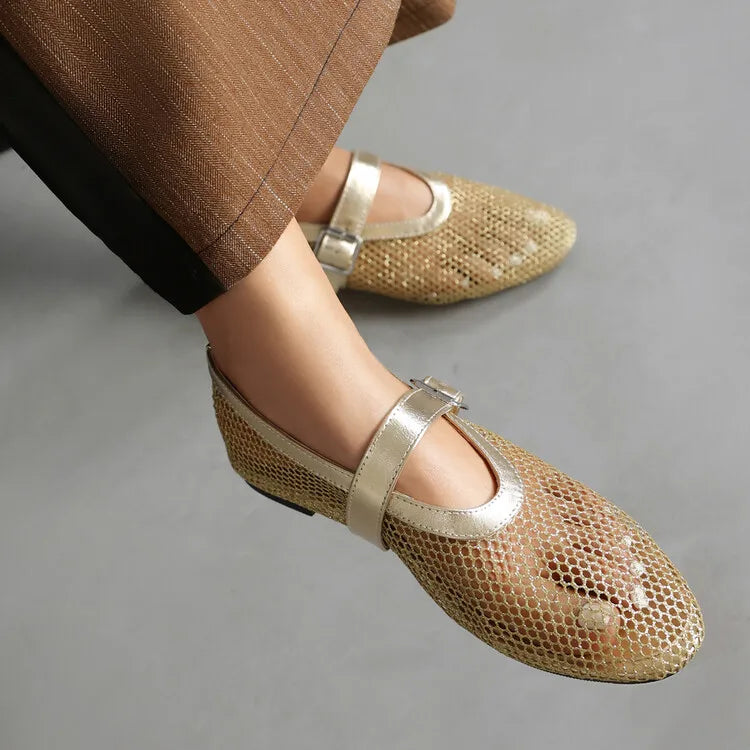LeShion de Chanmeb marque maille Net ballerines chaussures pour femmes sangle boucle respirant Cool printemps été INS ballerine chaussures 43
