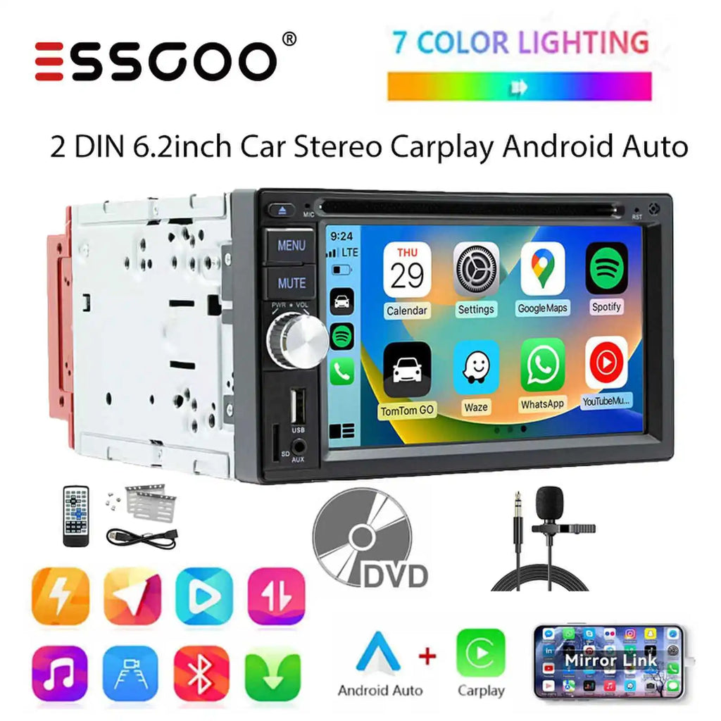 ESSGOO Autoradio 2DIN avec Écran Tactile de 6,2 Pouces. Lecteur CD/DVD, AM/FM, RDS, USB, Bluetooth, TF, AUX, CarPlay et Android Auto. Système Multimédia Complet avec Caméra. Idéal pour Améliorer Votre Expérience de Con