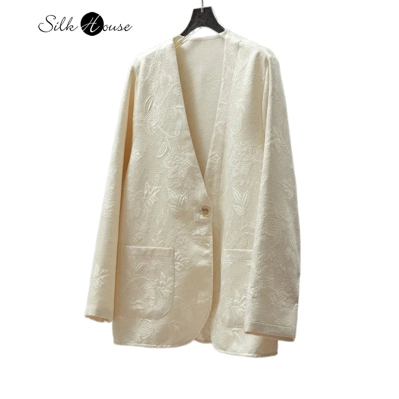 2025 femmes mode printemps nouveau Style Texture entrelacée couronne crêpe col en v à manches longues ample lait blanc manteau costume