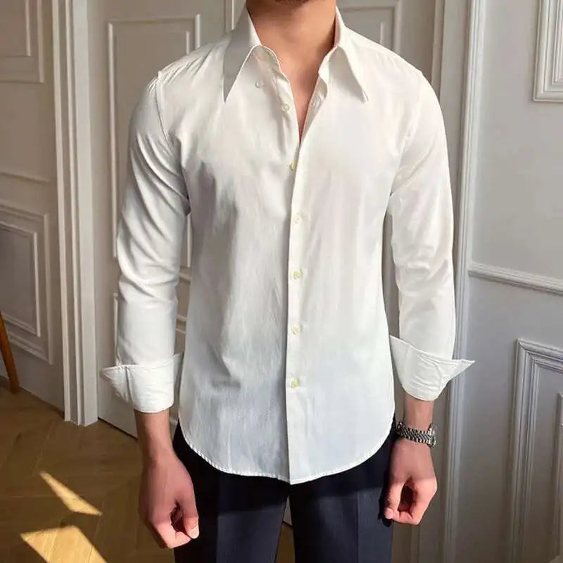 Printemps loisirs britannique affaires chemise Design britannique hommes col Cuba mince solide chemise blanche Camisa Social Masculina hommes chemise