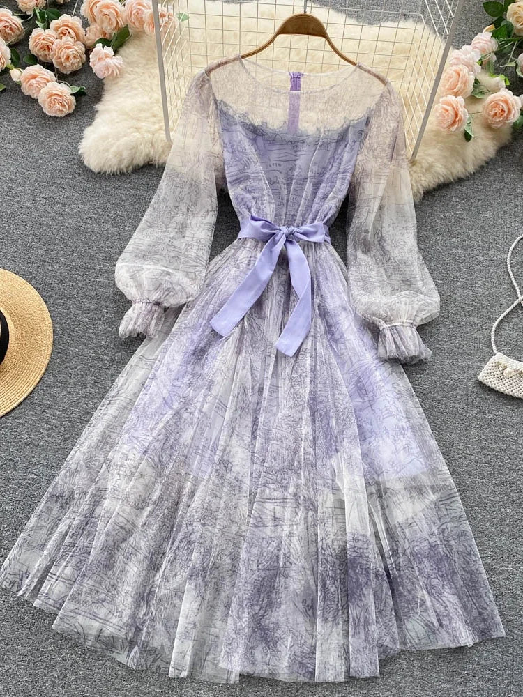 Robe en Maille Élégante pour Femme, Vintage, Manches Lanternes, Imprimée, Soirée, Patchwork, Ligne A, Bandage, Plage, Printemps Été
