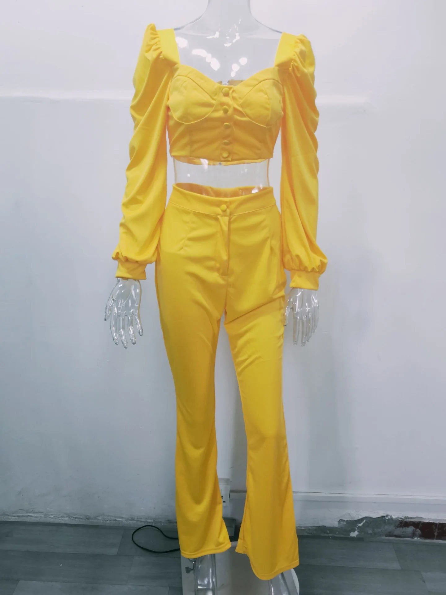 Ensemble haut et pantalon décontracté pour femmes, manches lanternes, manches courtes, épaules dénudées, Sexy, bas de cloche, nouvelle collection printemps automne 2024