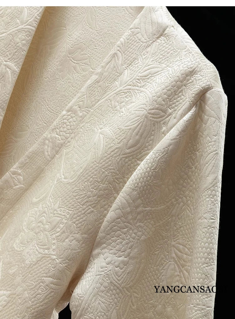 2025 femmes mode printemps nouveau Style Texture entrelacée couronne crêpe col en v à manches longues ample lait blanc manteau costume