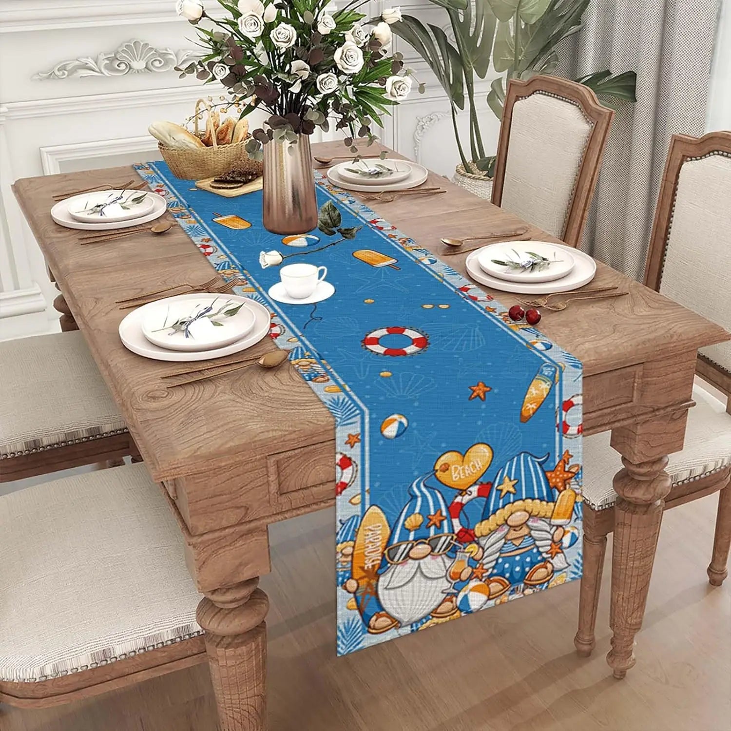 Chemins de table en lin de plage bleu, gnome d'été, piscine de plage hawaïenne, décor de fête côtière, décor de table de mariage de vacances, printemps et été