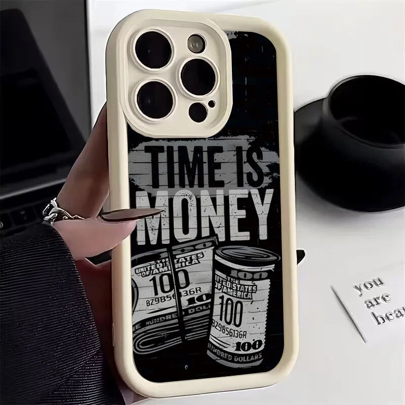 Coque de téléphone pour iPhone 17 16 15 14 12 11 13 Pro Max l'heure est l'argent couverture souple imprimée pour iPhone 17 Air 16E 7 8 Plus X XS