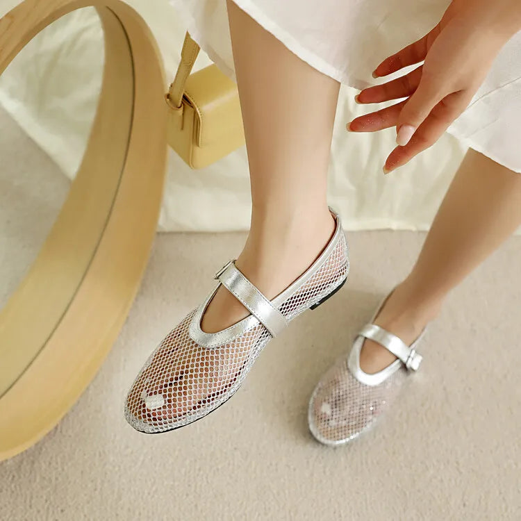 LeShion de Chanmeb marque maille Net ballerines chaussures pour femmes sangle boucle respirant Cool printemps été INS ballerine chaussures 43