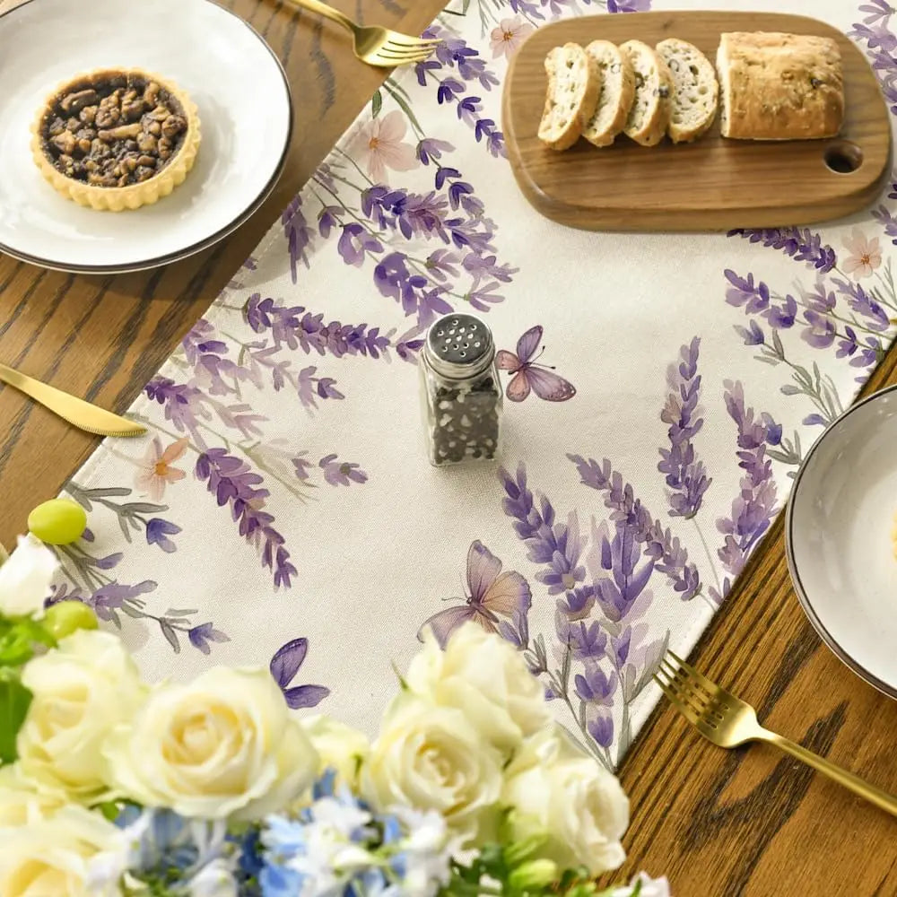 Spring Purple Lavender Floral Linen Table Runner Party Decor Reusable Farmhouse Kitchen Dining Table Runner Wedding Decorations
