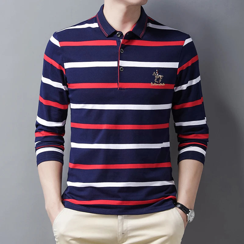 Polo à manches longues brodé en coton pour hommes, t-shirt à rayures, mode décontractée, t-shirt d'affaires, printemps, automne