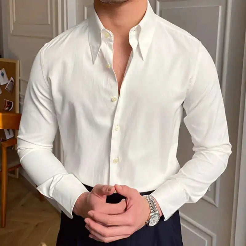 Printemps loisirs britannique affaires chemise Design britannique hommes col Cuba mince solide chemise blanche Camisa Social Masculina hommes chemise