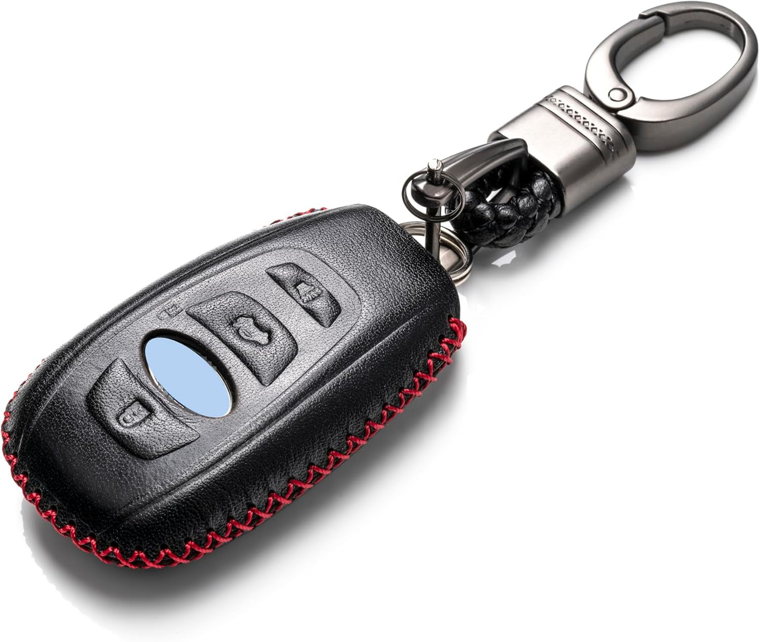 Leather Smart Key Fob Case Cover Compatible with Subaru Forester, Impreza, Outback, WRX, BRZ, XV Crosstrek, Ascent, Solterra (2014 - 2026 Models) - 4 Buttons, Black/Red
