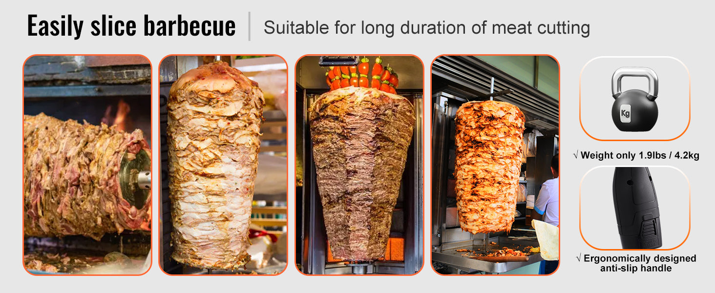 SucceBuy couteau électrique Shawarma, couteau turc professionnel à batterie sans fil coupe gyroscopique commerciale en acier inoxydable